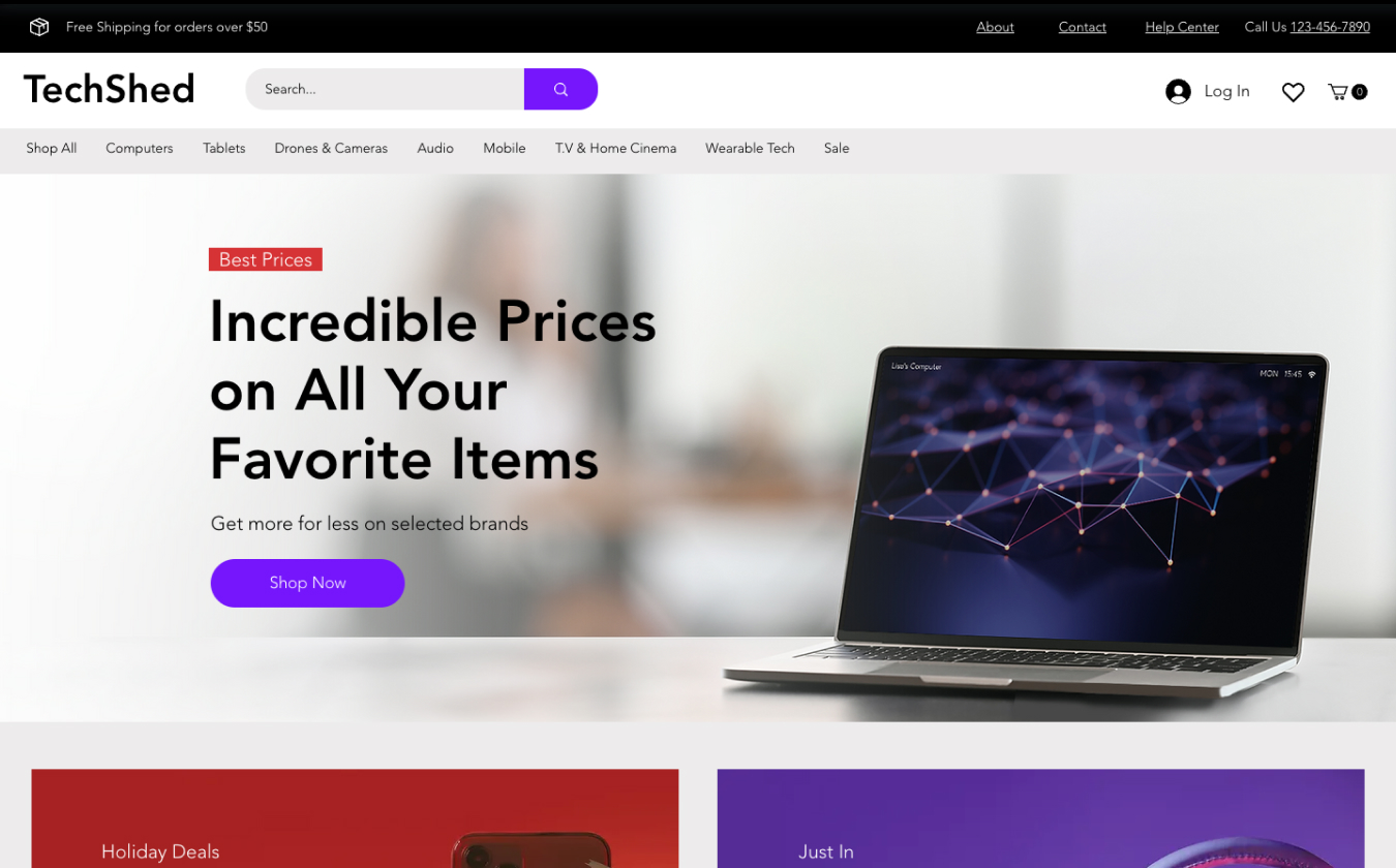 A website template for an online store selling electronics on Wix.