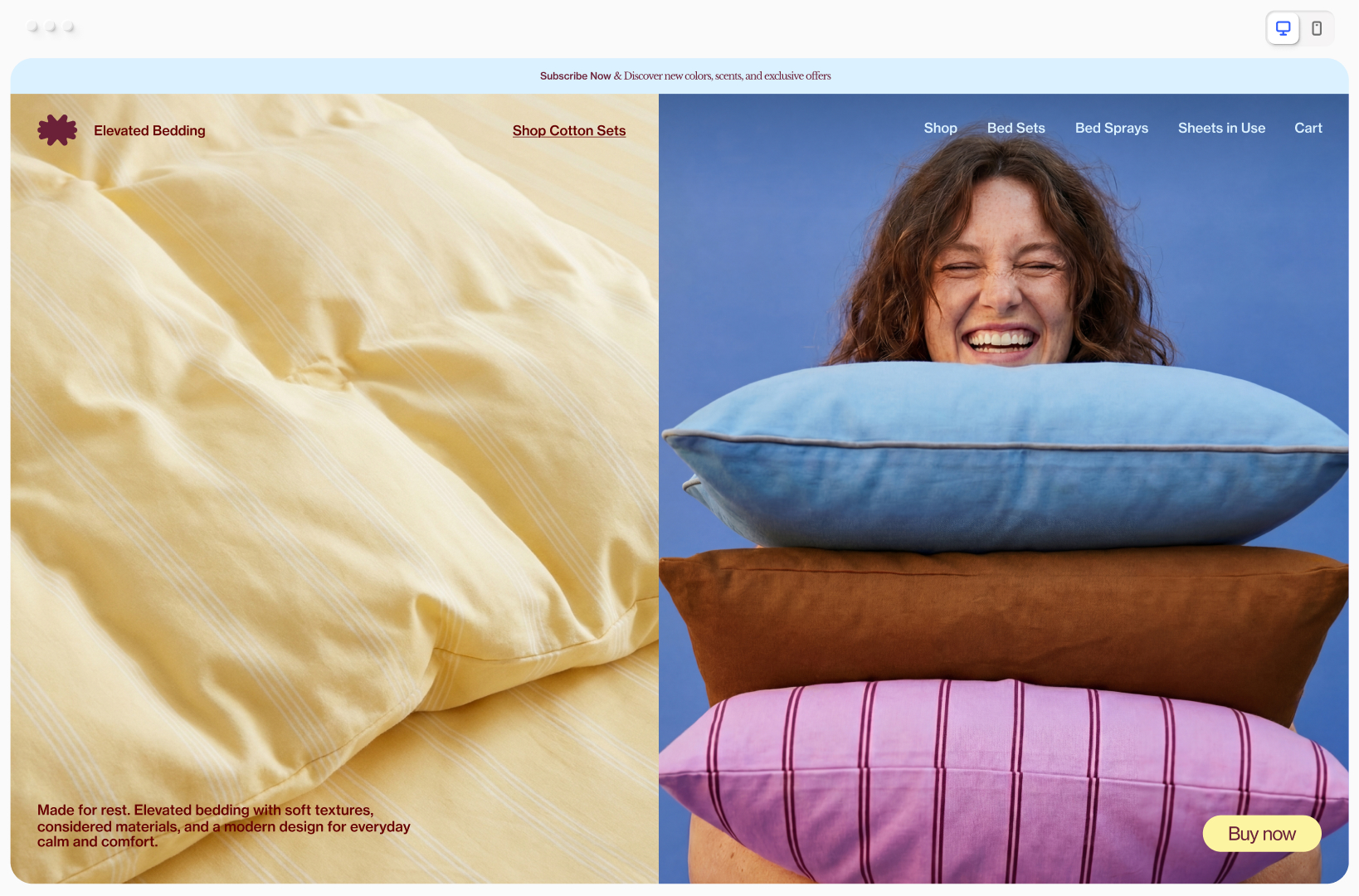A homepage for a bedding website