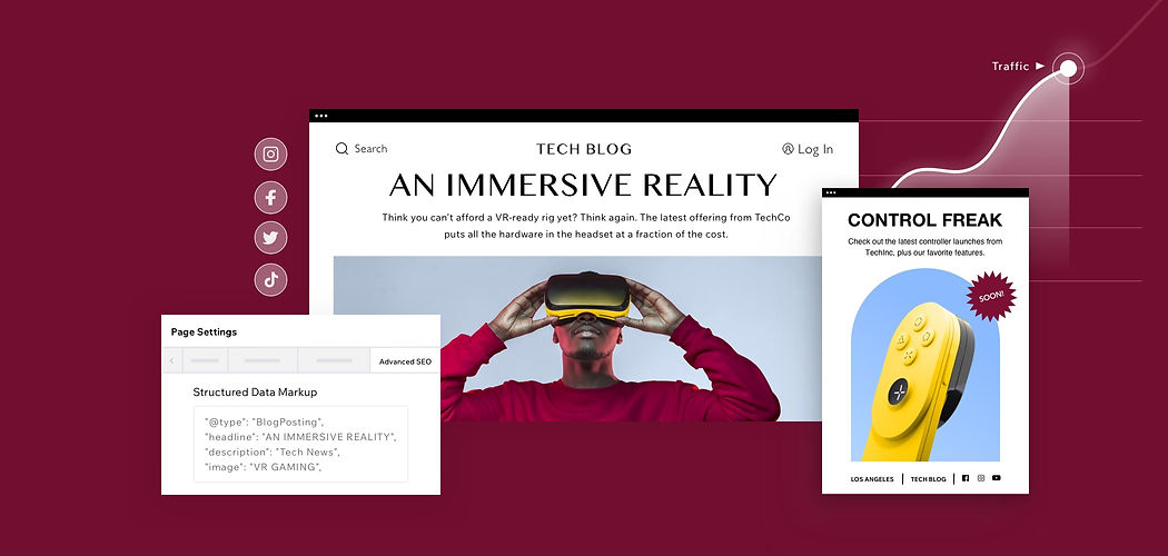 News page of a technology blog. The page shows 2 articles: all in your head and control freak. There is an image of a man wearing a VR headset and another of a yellow game controller. There is a panel showing SEO elements. Website traffic is shown increasing on a background graph.