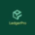 A modern business logo that includes a geometric 3D cube icon in shades of teal on a dark green background, positioned above the words “Ledger Pro” in bright green.