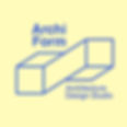A minimal architectural logo with a blue 3D wireframe block graphic, and the text “Archi Form Architecture Design Studio” on a yellow background.