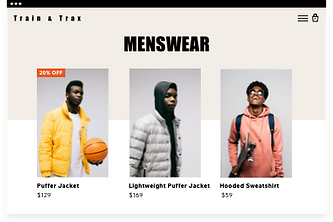 A sports equipment website showcasing products in the menswear section.