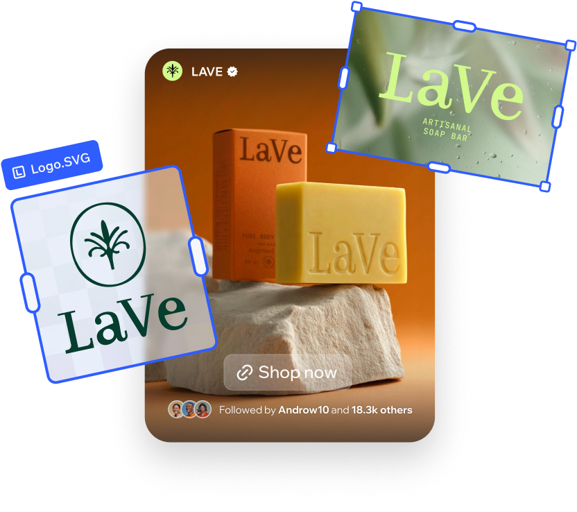 A logo design for a luxury soap brand created with the online logo maker. The logo is used in different designs such as social media posts and product announcements.